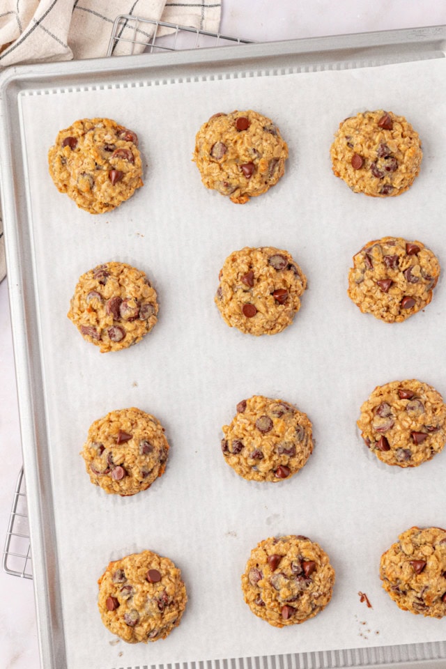 overhead view of freshly baked brown sugar oatmeal chocolate chip cookies on a parchment-lined baking sheet