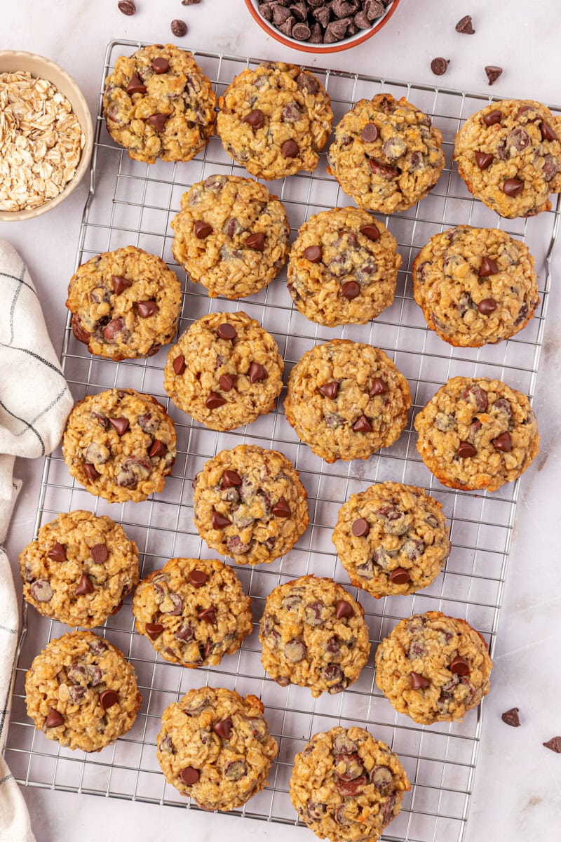overhead view of brown sugar oatmeal chocolate chip cookies on a wire rack