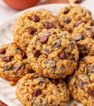 brown sugar oatmeal chocolate chip cookies on a white plate