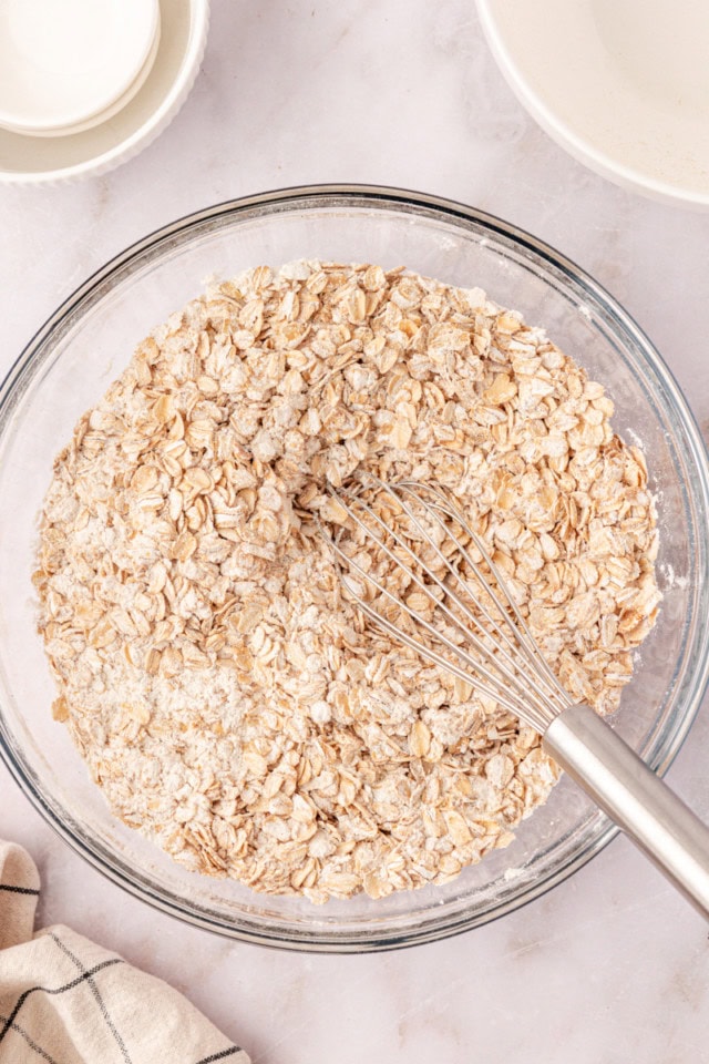 overhead view of oat mixture for brown sugar oatmeal chocolate chip cookies