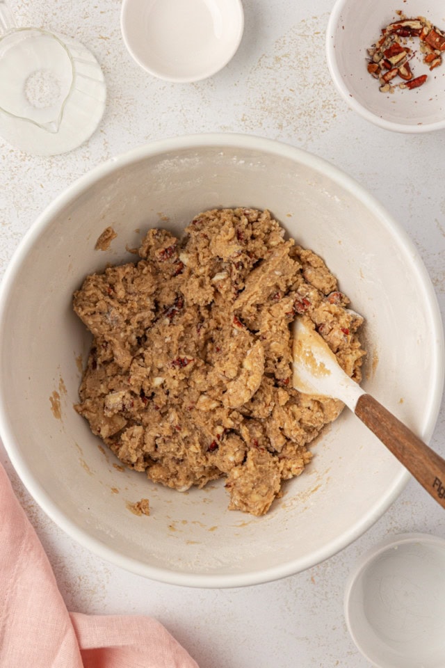 overhead view of cobbler topping mixture in a white bowl