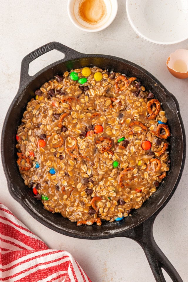 overhead view of monster skillet cookie ready to go into the oven