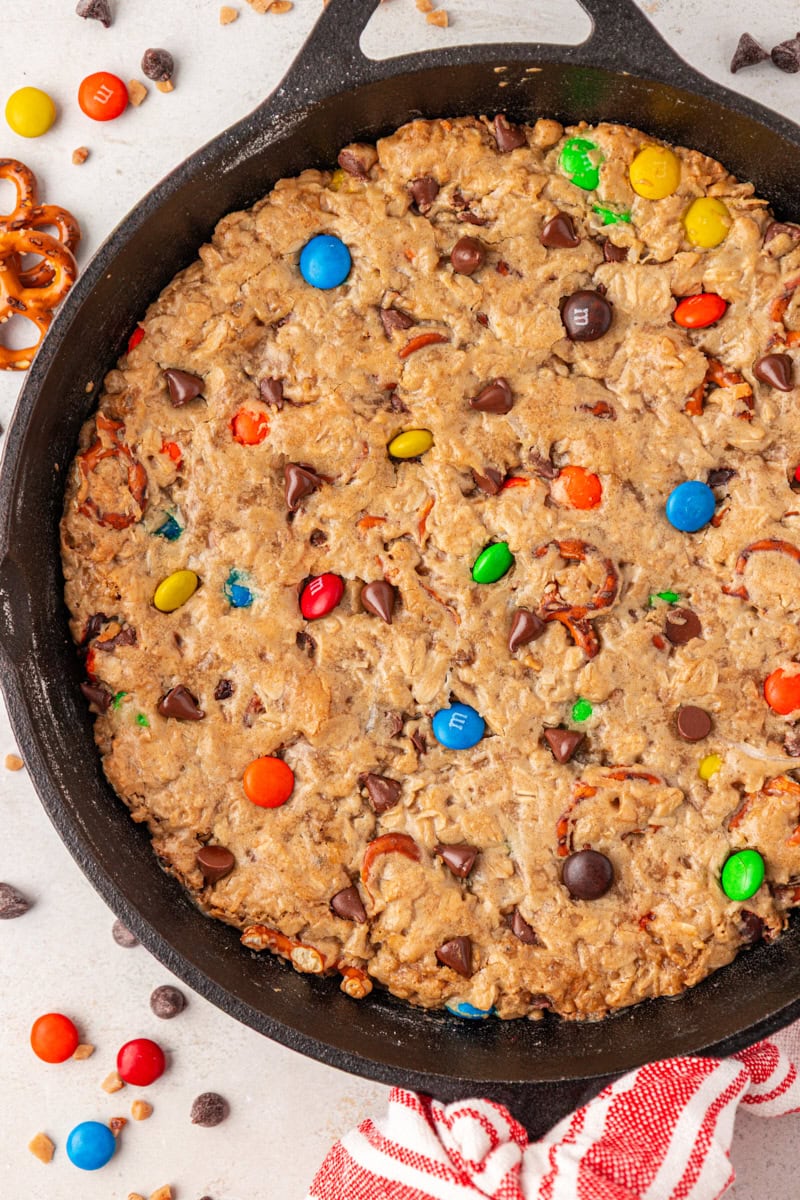 overhead view of monster skillet cookie on a white surface