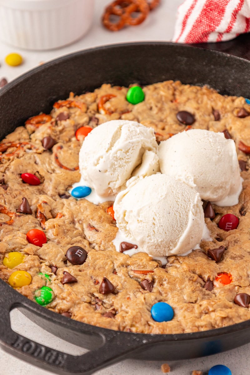 monster skillet cookie topped with three scoops of ice cream