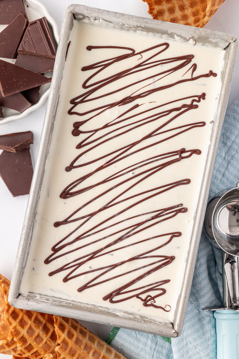 overhead view of stracciatella ice cream in a metal loaf pan