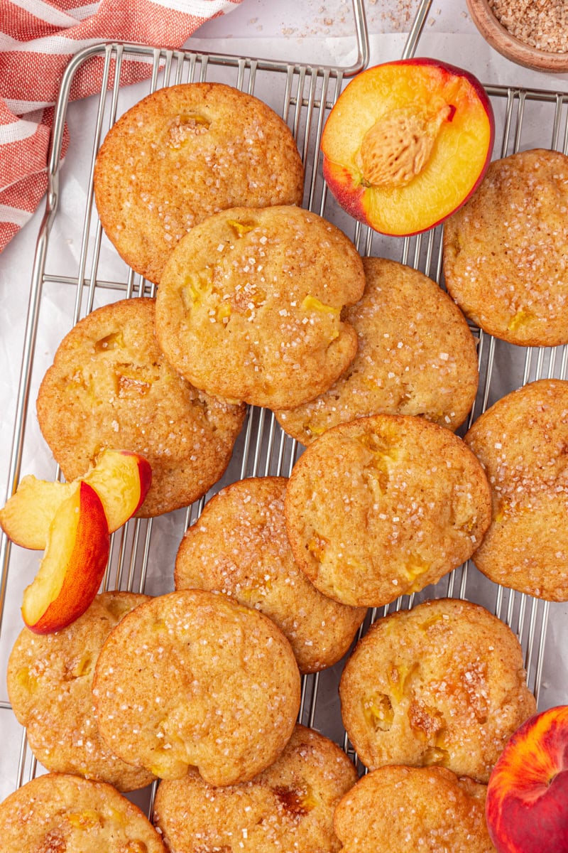 overhead view of peach cookies on a wire rack