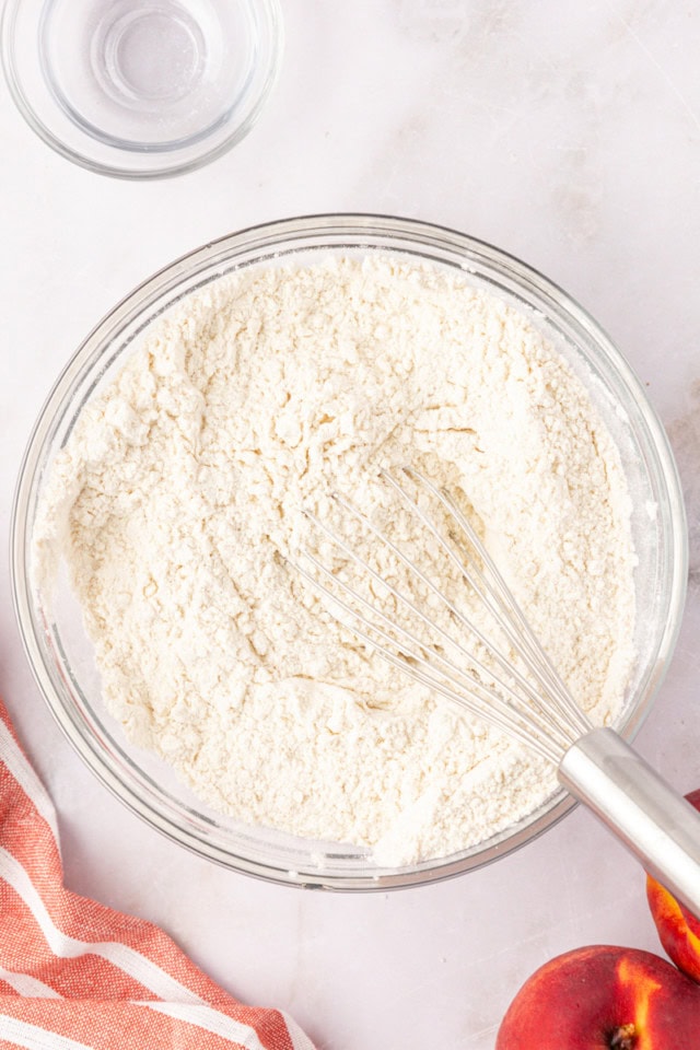 overhead view of whisked dry ingredients for peach cookies