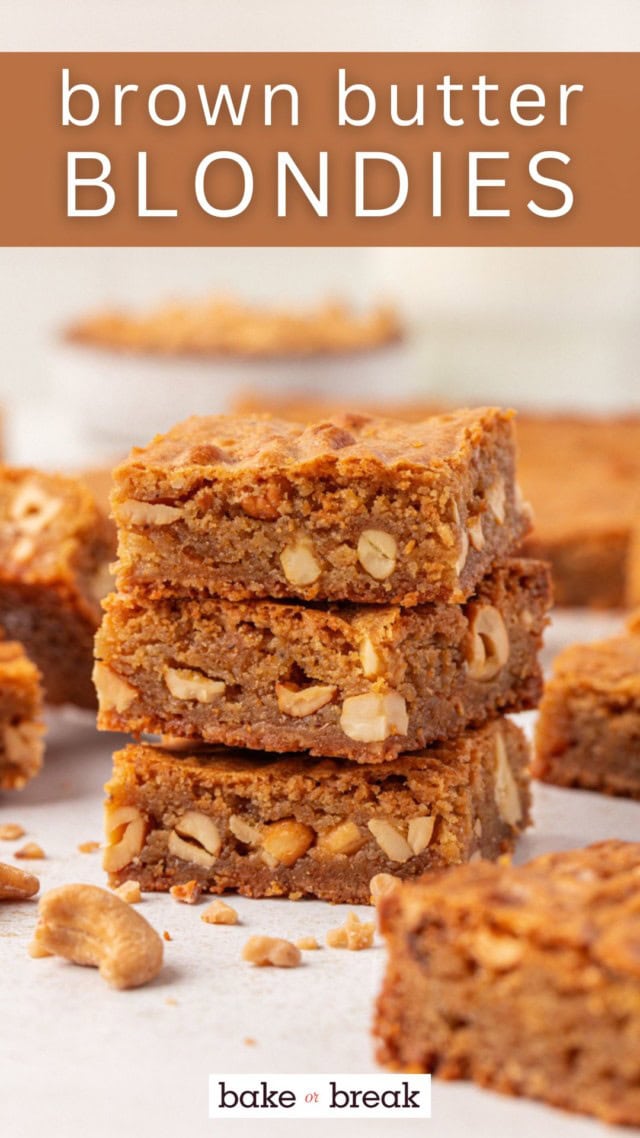 stack of three brown butter blondies surrounded by more blondies; text overlay "brown butter blondies"