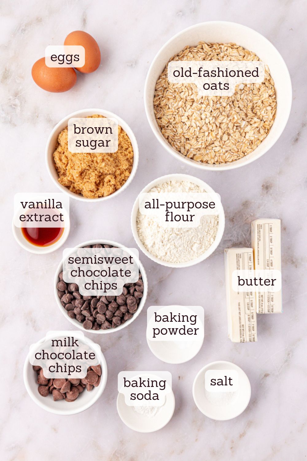 overhead view of ingredients for brown sugar oatmeal chocolate chip cookies