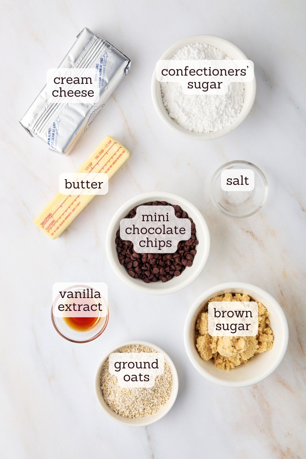 overhead view of ingredients for cookie dough dip