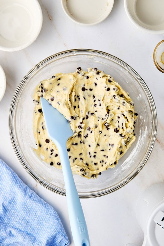 overhead view of cookie dough dip in a glass bowl