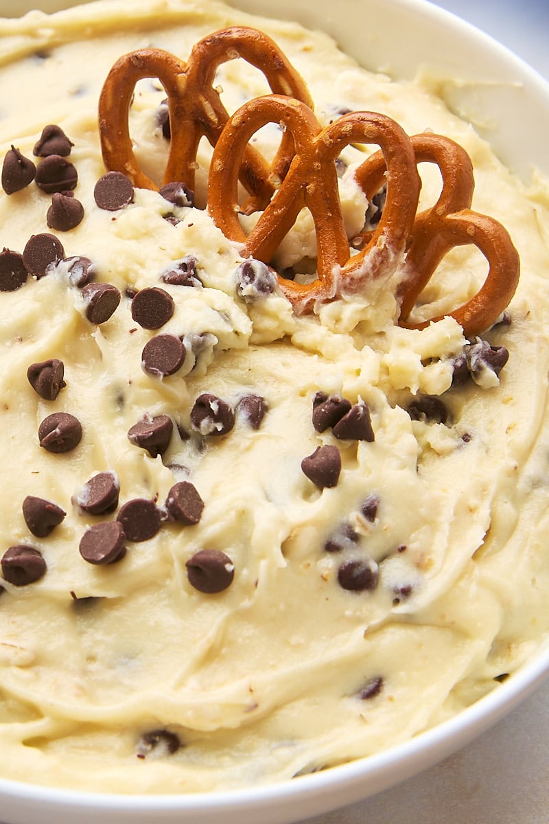 close-up view of cookie dough dip in a white bowl