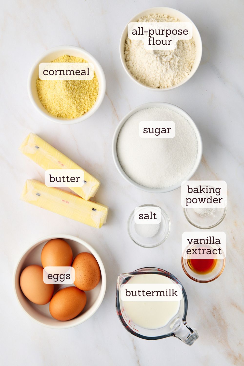 overhead view of ingredients for cornmeal pound cake