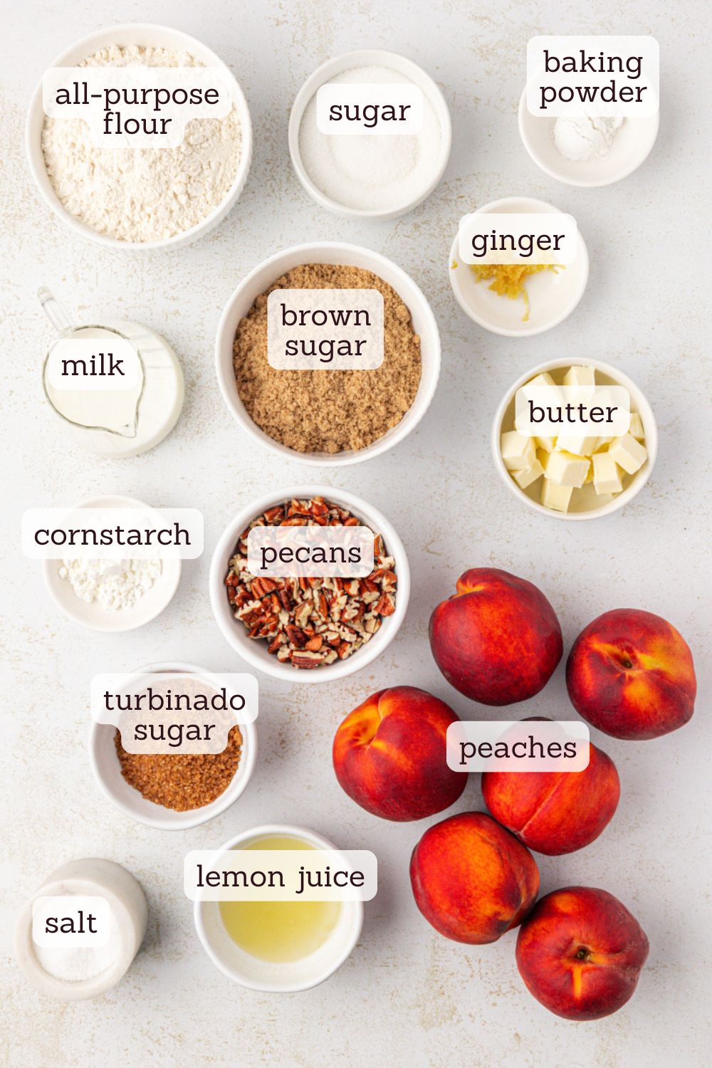 overhead view of ingredients for ginger peach cobbler