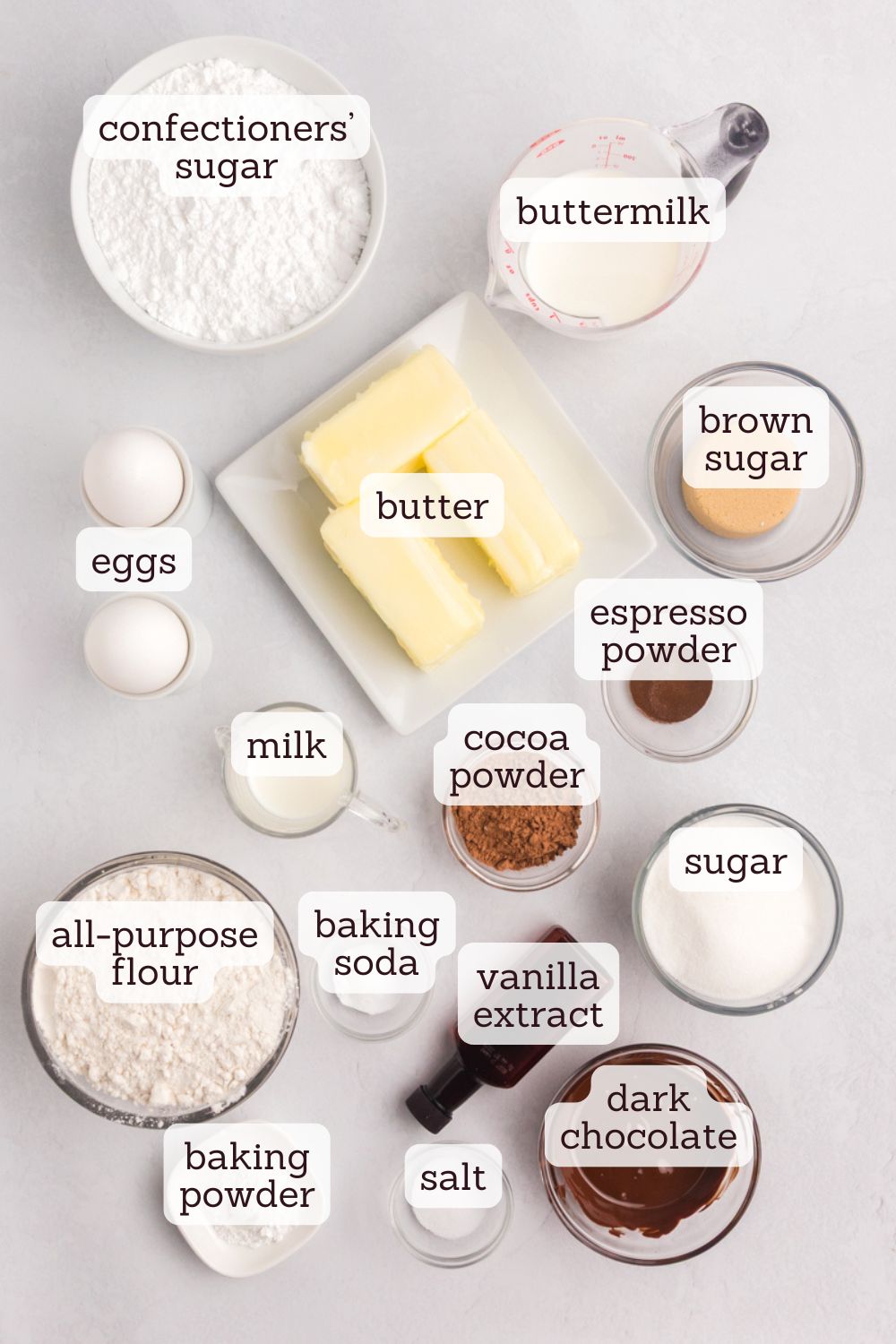 overhead view of ingredients for marble cupcakes