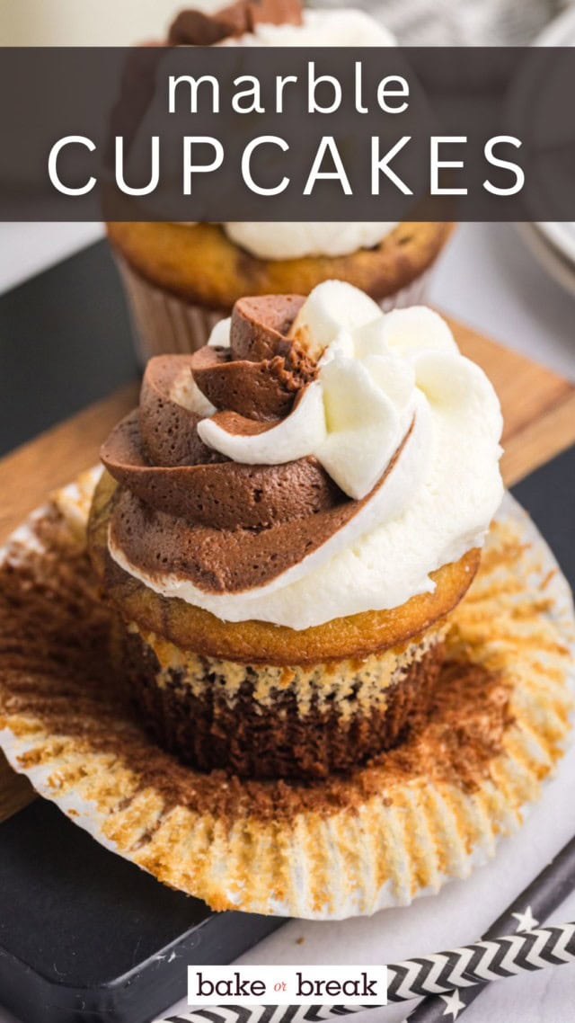 a marble cupcake sitting on a peeled-away cupcake liner; text overlay "marble cupcakes"