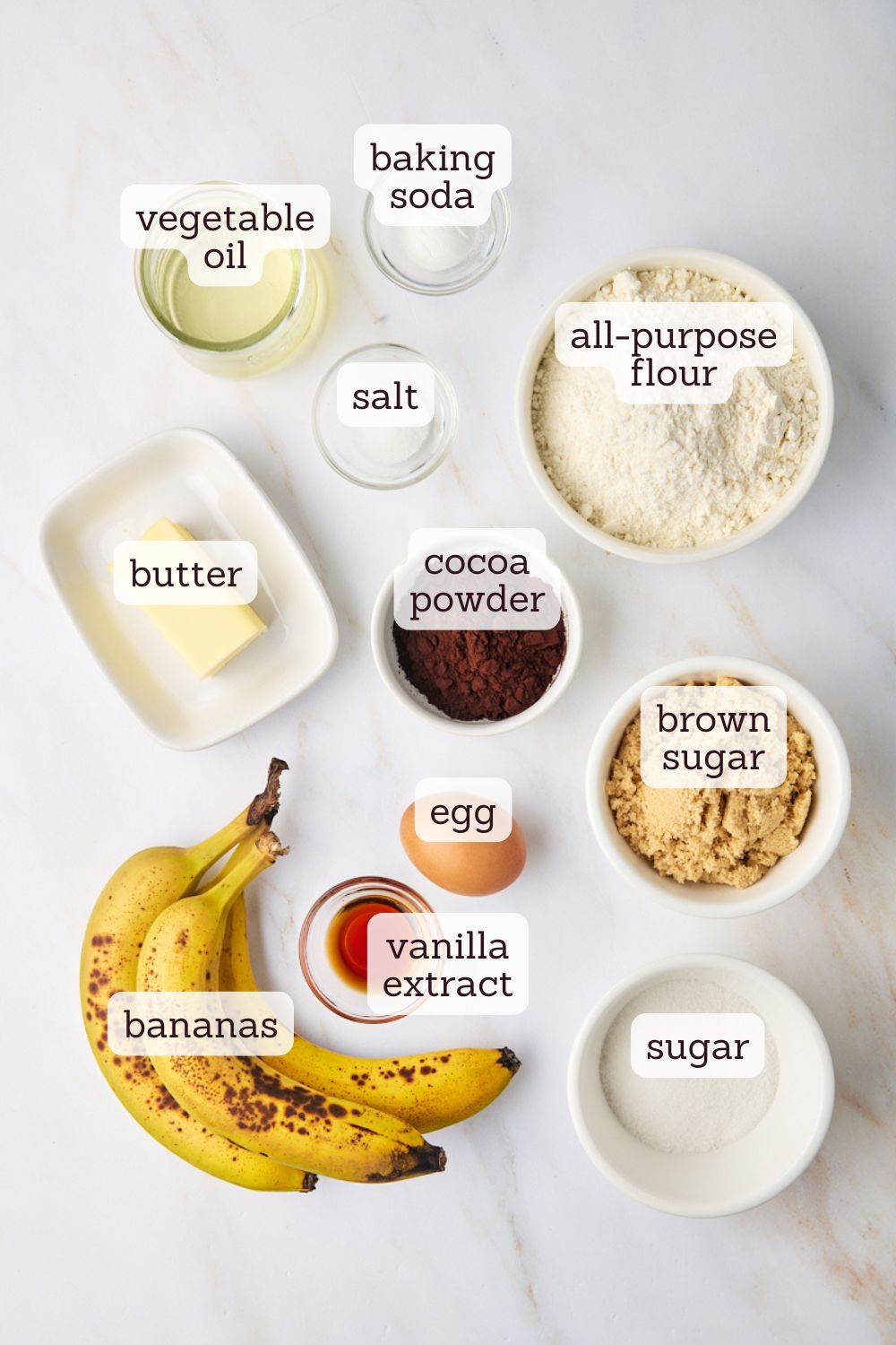 overhead view of ingredients for marbled chocolate banana bread