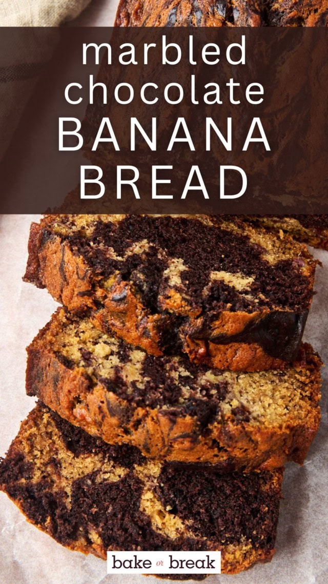 sliced marbled chocolate banana bread on parchment paper; text overlay "marbled chocolate banana bread"