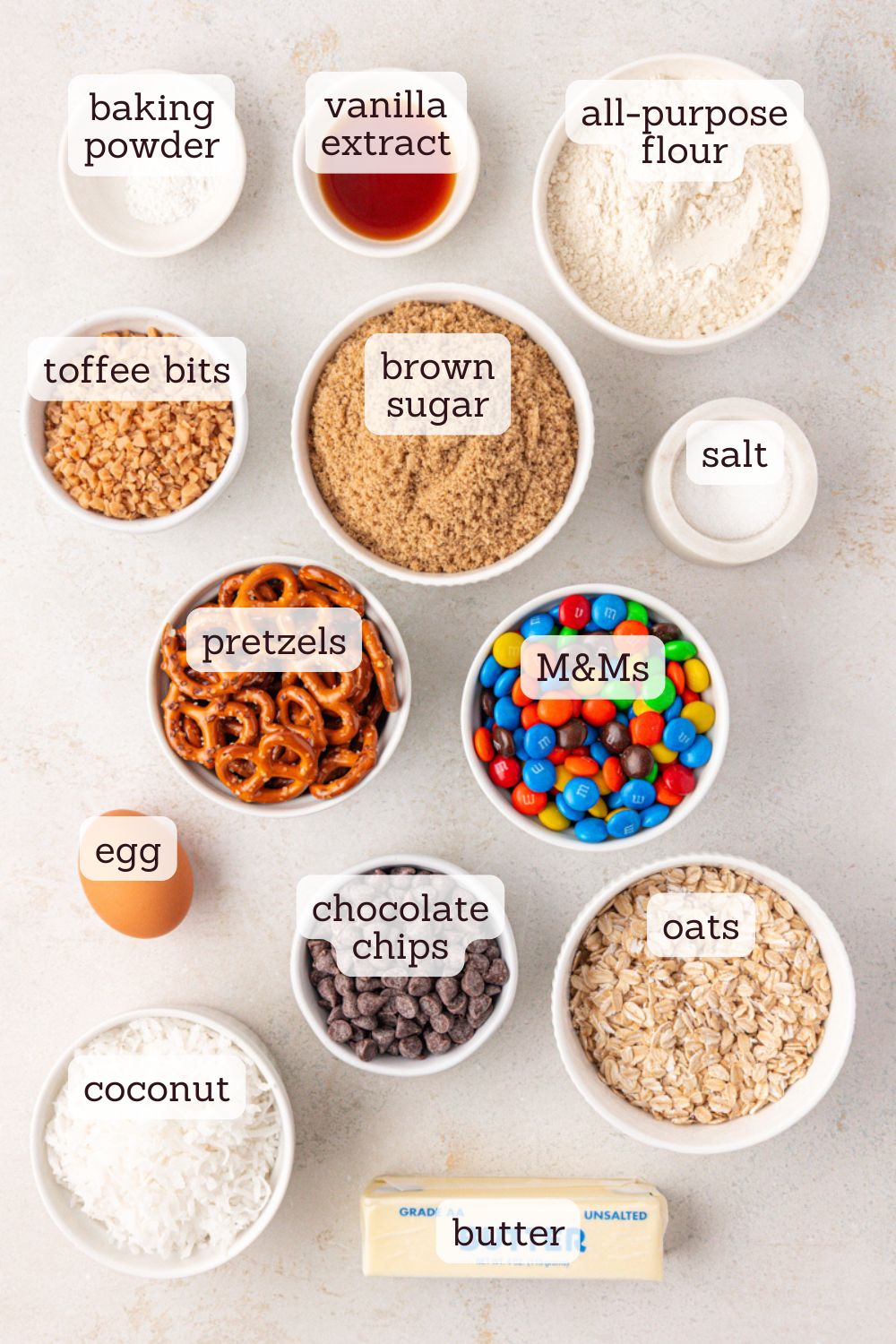 overhead view of ingredients for monster skillet cookie