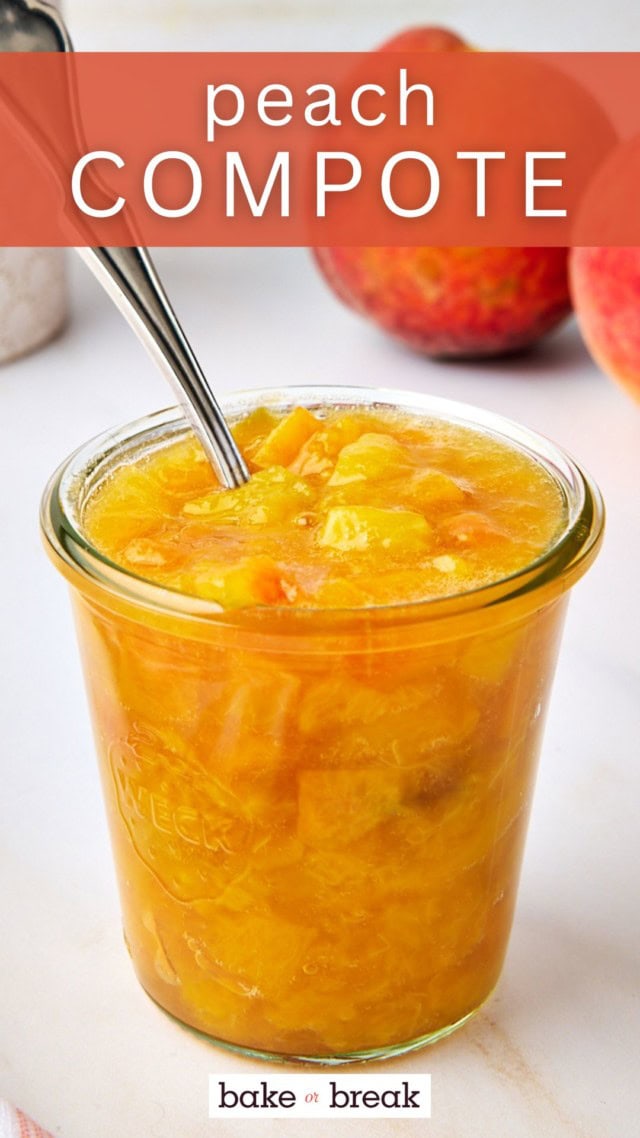 peach compote in a glass jar with a spoon resting inside; text overlay "peach compote"