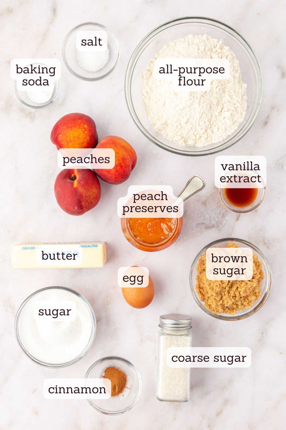overhead view of ingredients for peach cookies