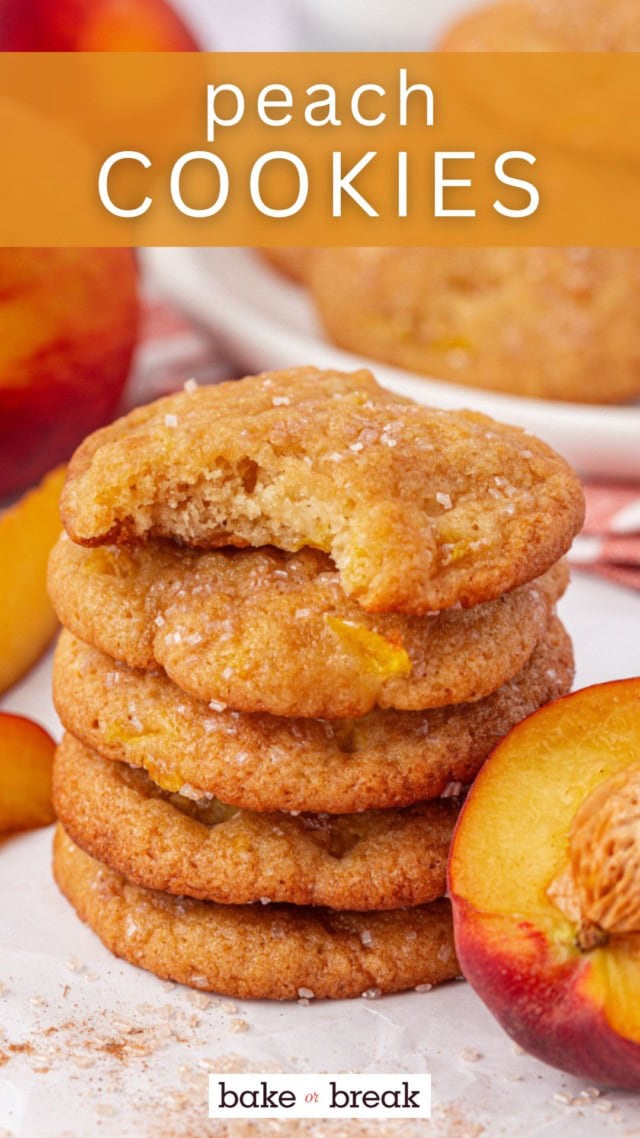 stack of peach cookies with a bite missing from the top cookie; text overlay "peach cookies"