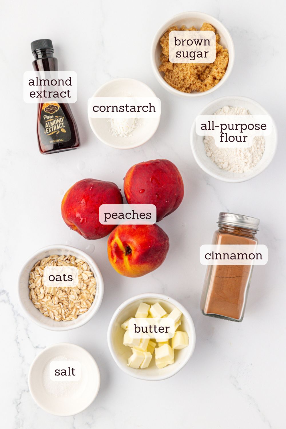 overhead view of ingredients for peach crisp for two