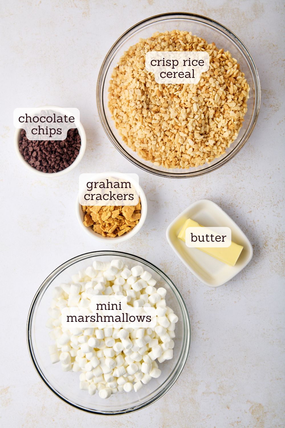 overhead view of ingredients for s'mores rice crispy treats