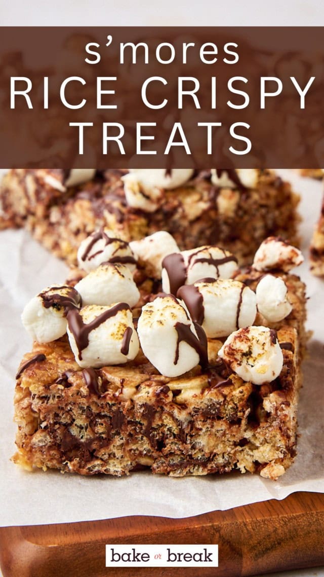 a s'mores rice crispy treat on parchment paper; text overlay "s'mores rice crispy treat"