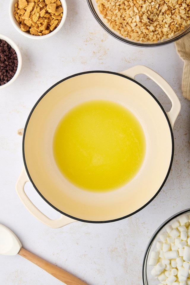 overhead view of melted butter in a saucepan