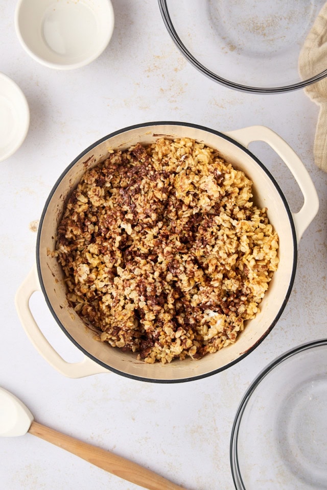 overhead view of s'mores rice crispy treats mixture in a saucepan