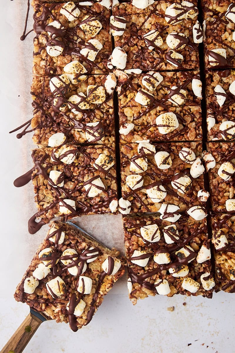 overhead view of sliced s'mores rice crispy treats on parchment paper