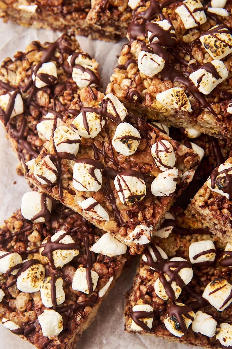 overhead view of a stacked pile of s'mores rice crispy treats