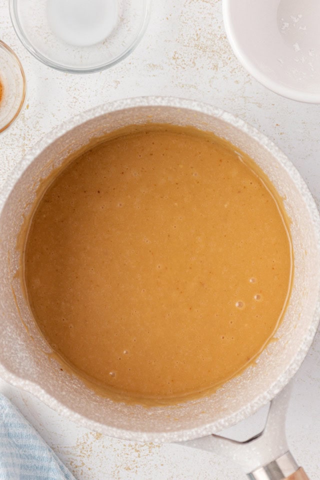 overhead view of caramel glaze in a saucepan