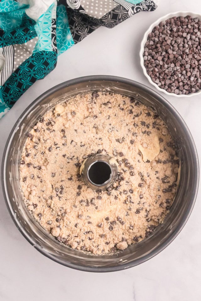overhead view of crumb topping in the bottom of a tube pan