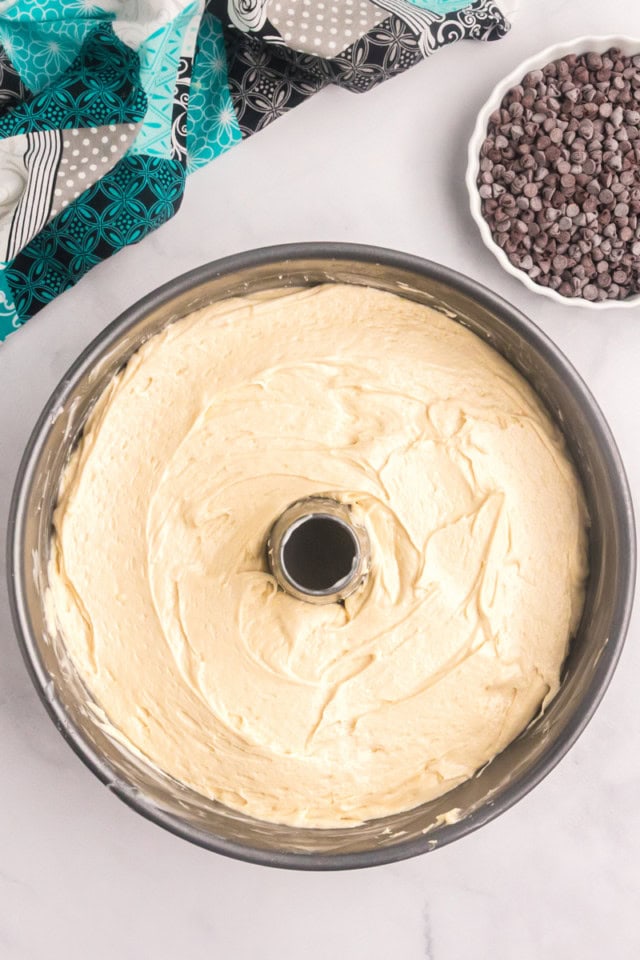 overhead view of cake batter in a tube pan