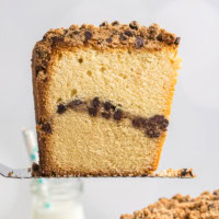 a slice of chocolate chip crumb pound cake on a cake server