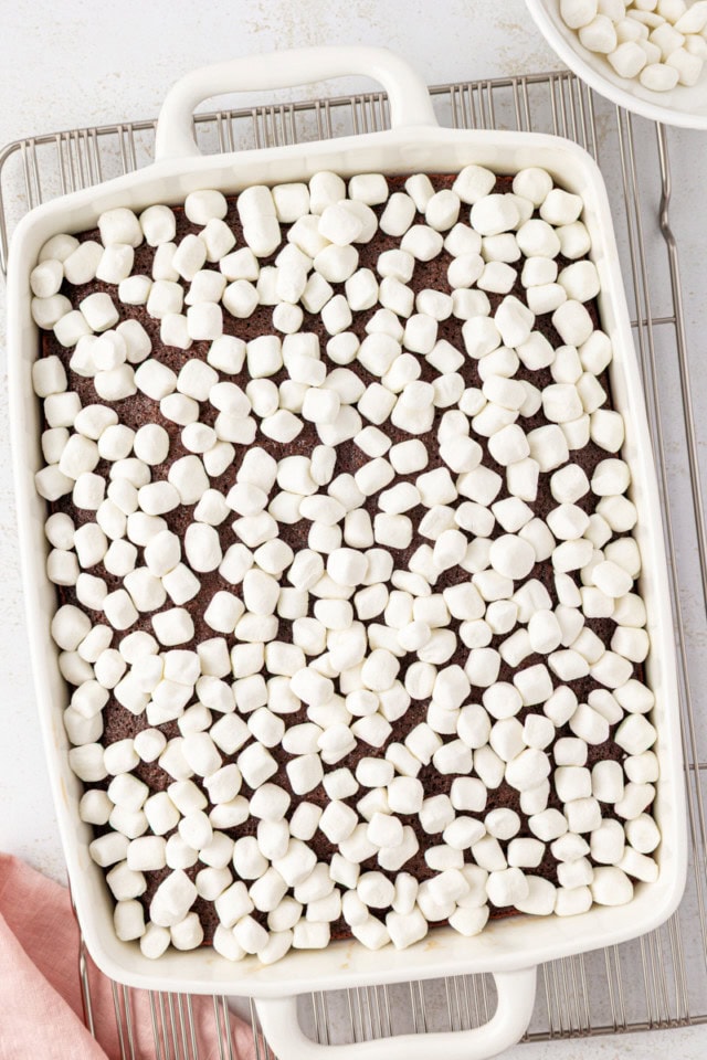 overhead view of marshmallows scattered on top of freshly baked chocolate cake