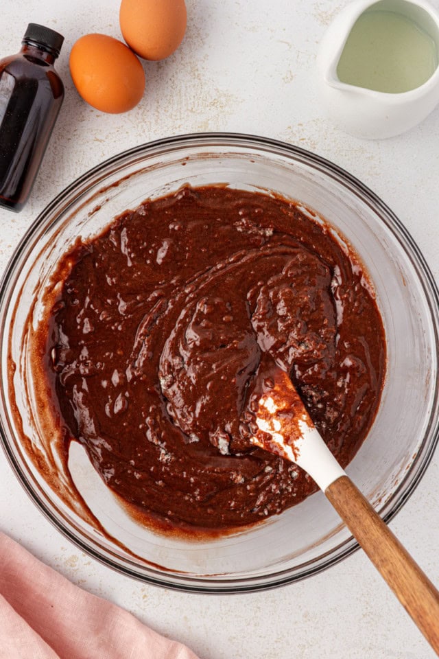 overhead view of partially mixed chocolate cake batter