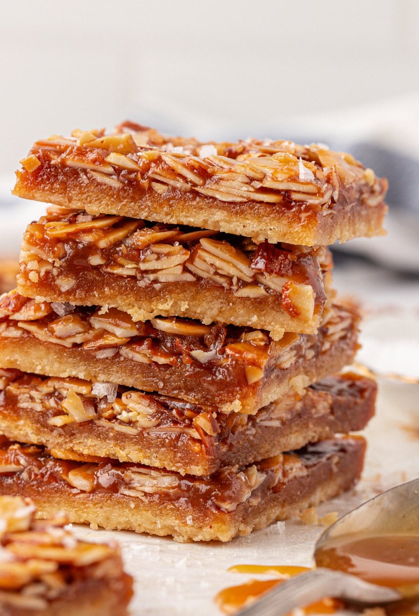 stack of five salted caramel almond bars