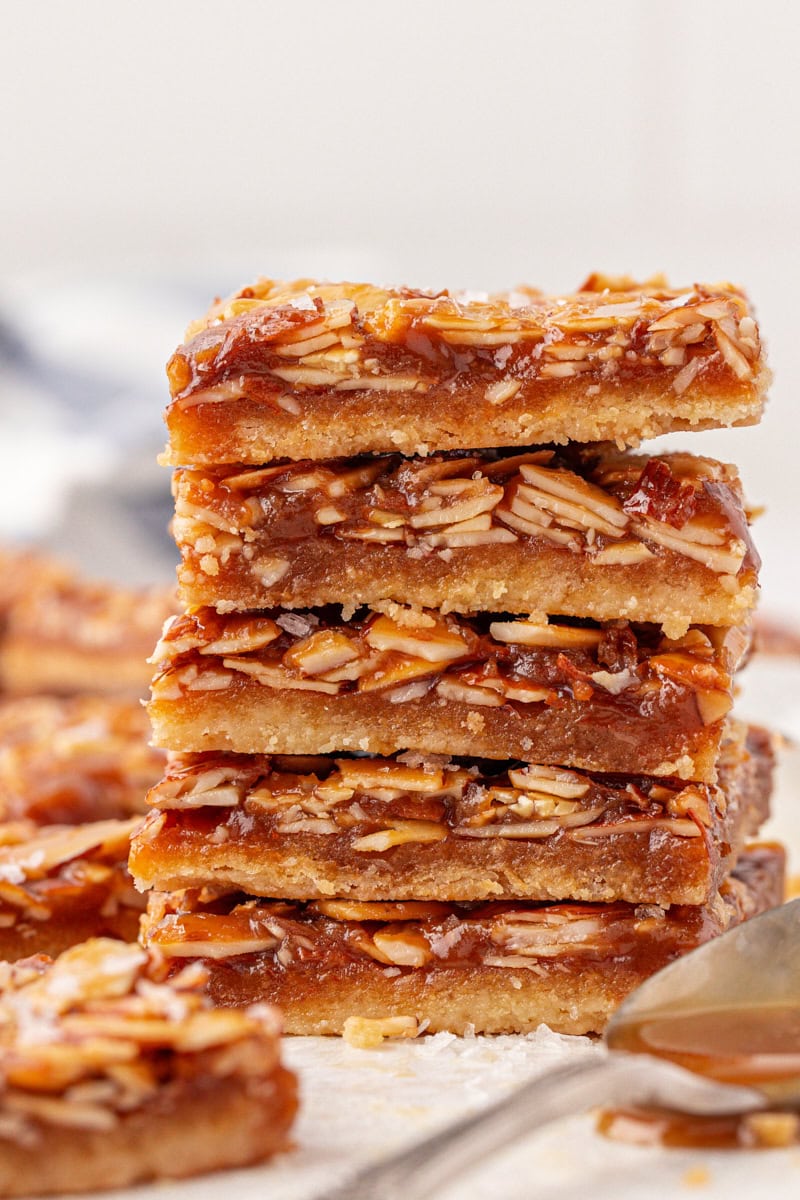 stack of five salted caramel almond bars