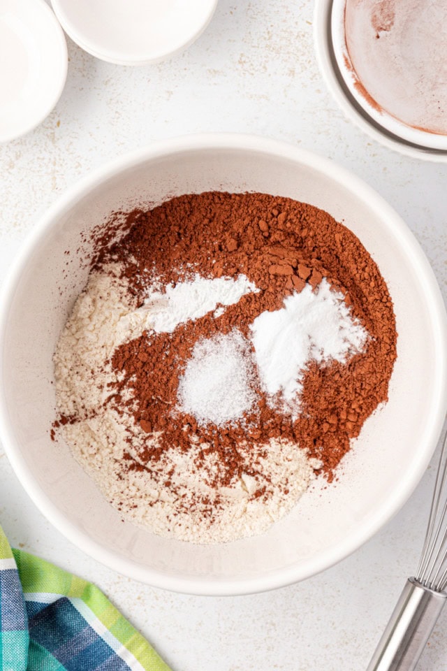 overhead view of flour, cocoa powder, baking soda, baking powder, and salt in a white mixing bowl