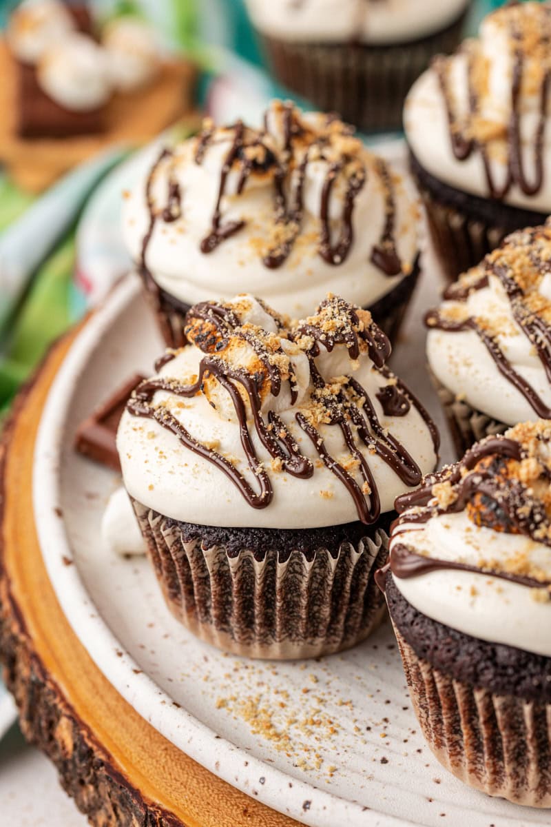 s'mores cupcakes served on a white plate