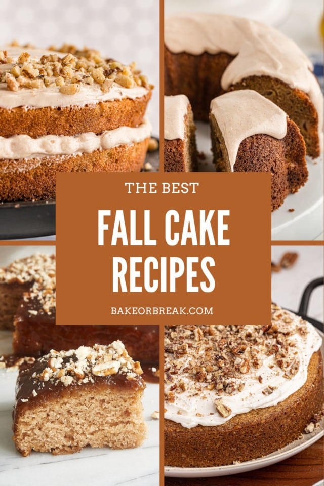 collage of four cake images with text overlay "the best fall cake recipes bakeorbreak.com"