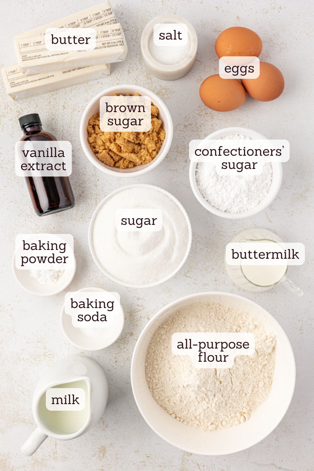 overhead view of ingredients for caramel swirl Bundt cake