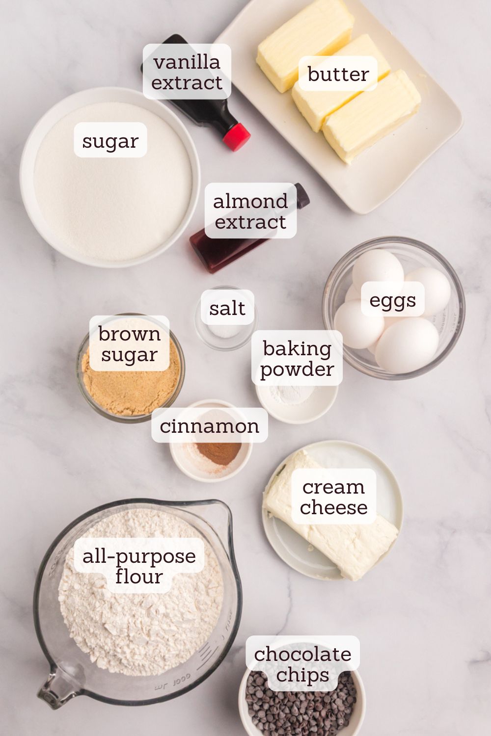 overhead view of ingredients for chocolate chip crumb pound cake