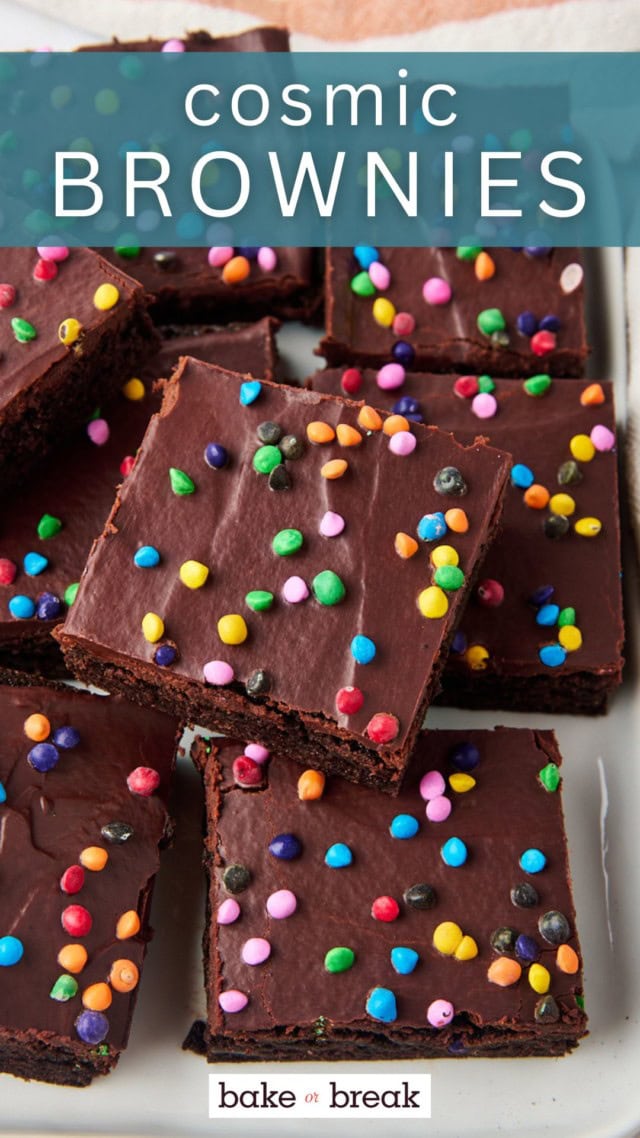 cosmic brownies on a white plate; text overlay "cosmic brownies"
