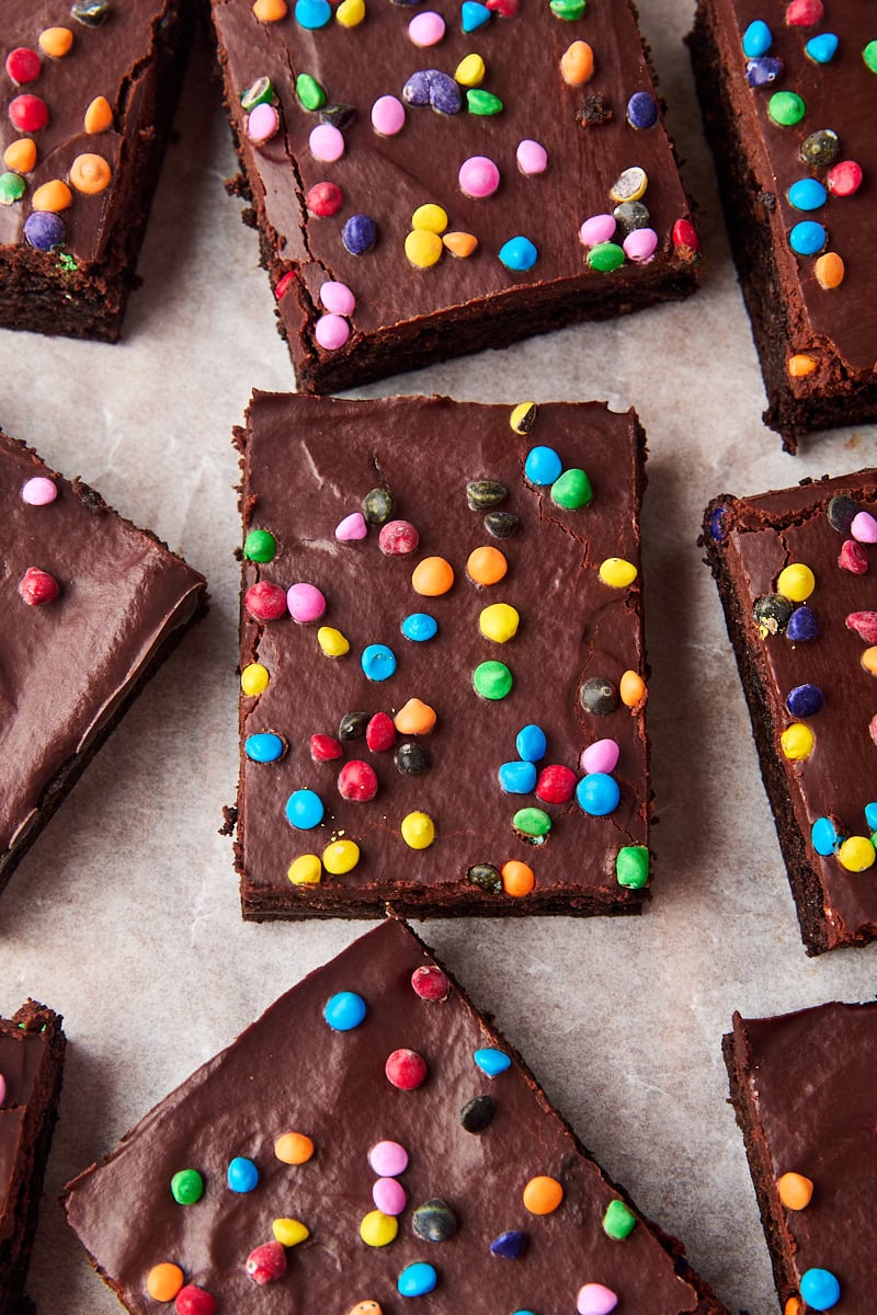 overhead view of cosmic brownies on parchment paper