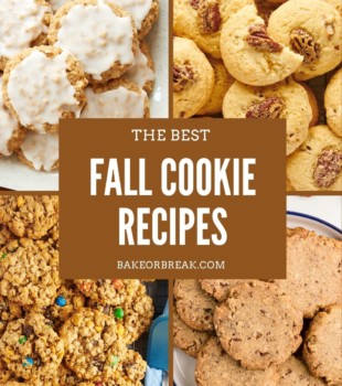 collage of four different cookies with text overlay "the best fall cookie recipes bakeorbreak.com"