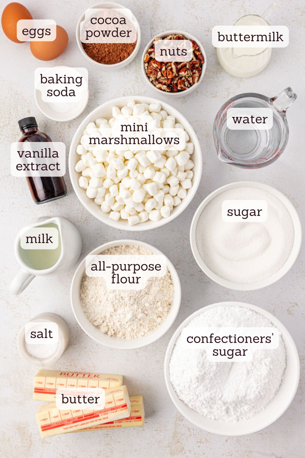 overhead view of ingredients for Mississippi mud cake